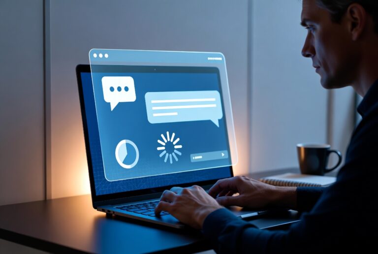 What to Do When ChatGPT Stops Working in the Middle of Your Task A modern digital workspace showing an AI chat interface frozen halfway through a conversation, with a subtle loading spinner and a concerned user sitting at a sleek desk using a laptop. The screen displays an unfinished response, symbolizing ChatGPT stopping mid-task. Futuristic blue and white UI elements, soft ambient lighting, minimalist home office, coffee mug, notebook, clean composition with ample negative space on the left for a blog title. High-detail, photorealistic, professional tech blog hero image, cinematic lighting, ultra-sharp, 16:9 aspect ratio, no logos, no watermarks, no readable brand names or text.